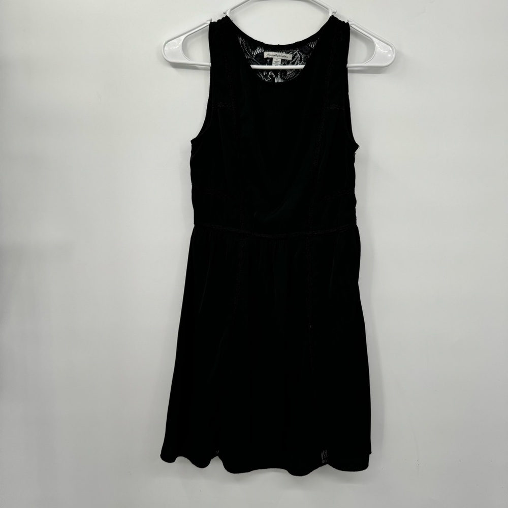 American Eagle Size 0 Mini Dress Women Black Lace Back Crochet Trim Fit Flare